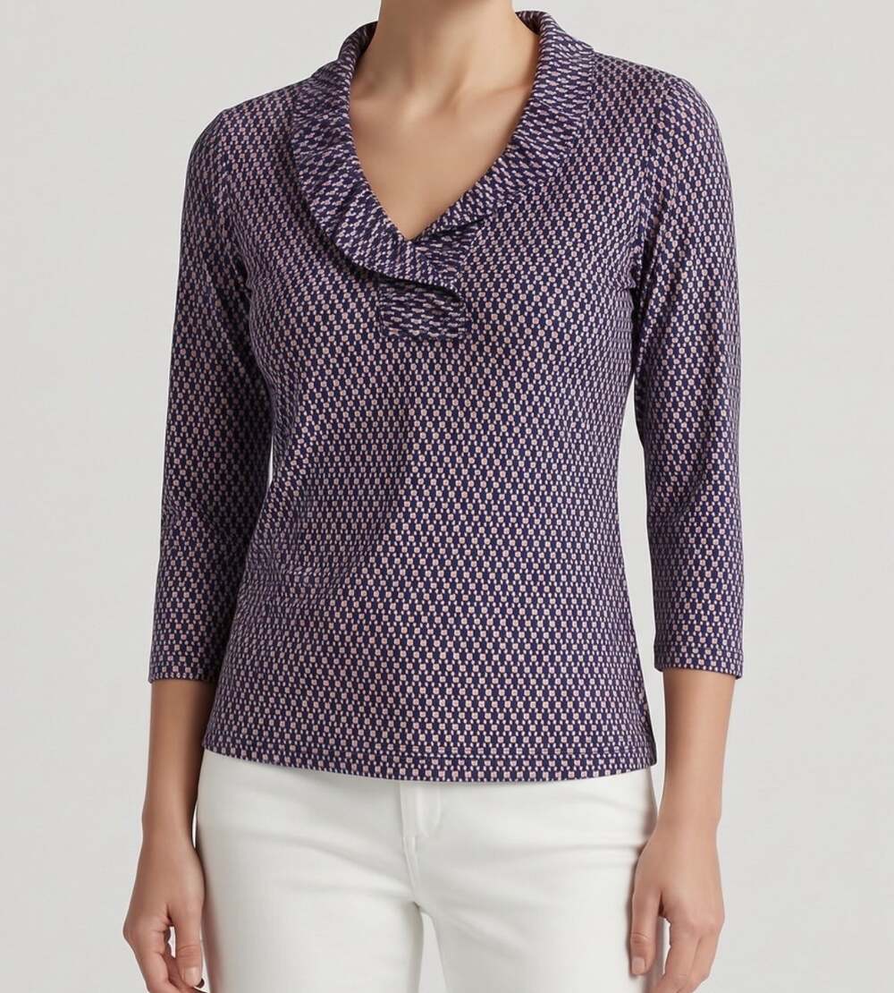 J. McLaughlin Womens Top Durham Ruffle Blouse Navy Orange Geometric Print Size L